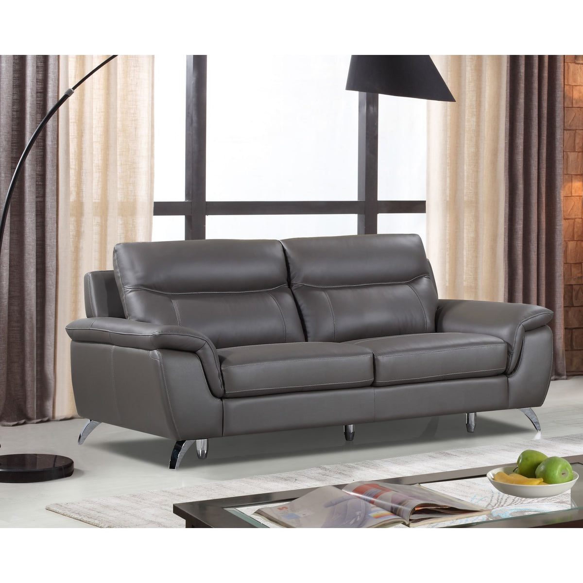 Cortesi Home Chicago Genuine Leather Sofa, Dark Grey 79&quot;