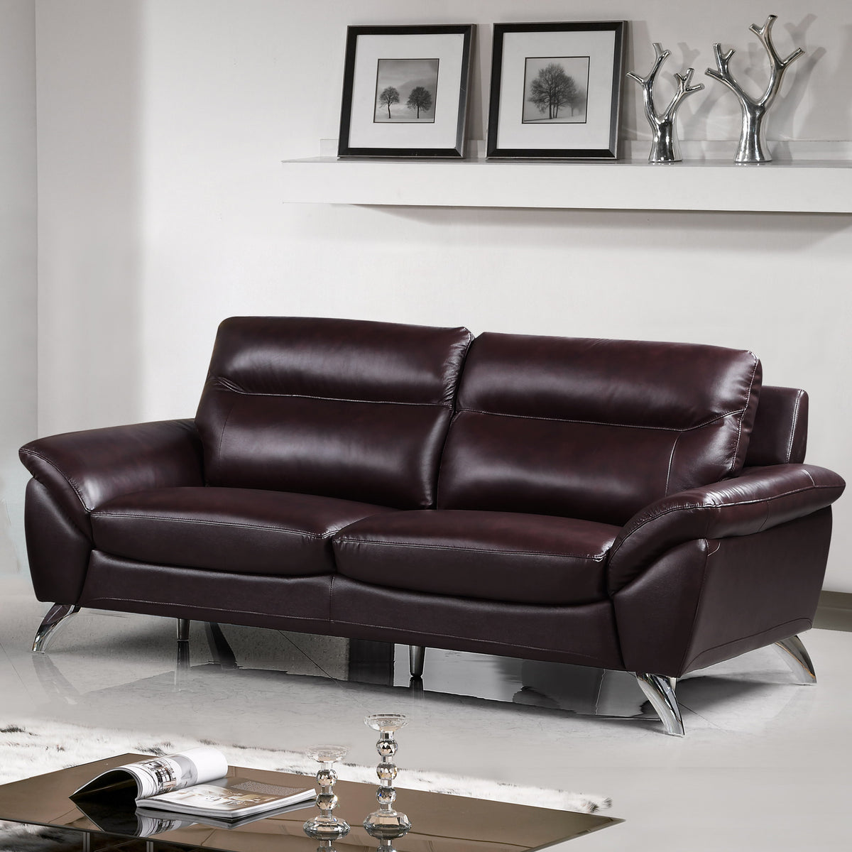 Cortesi Home Contemporary Madison Genuine Leather Sofa, Deep Merlot 78&quot;