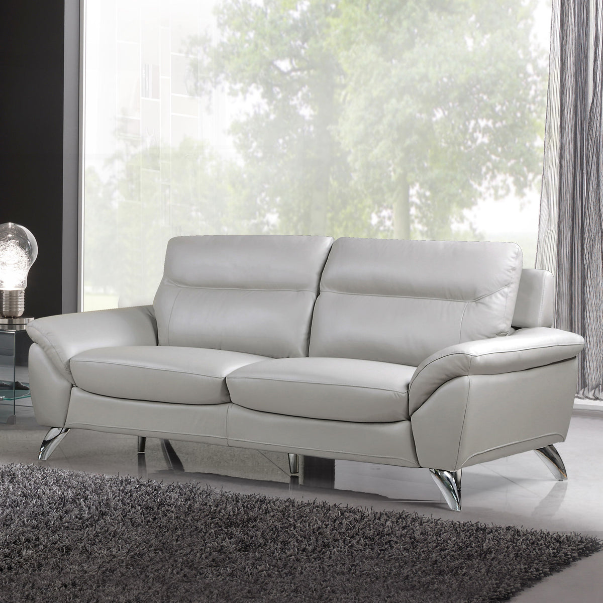 Cortesi Home Contemporary Monaco Genuine Leather Sofa, Light Grey 78&quot;