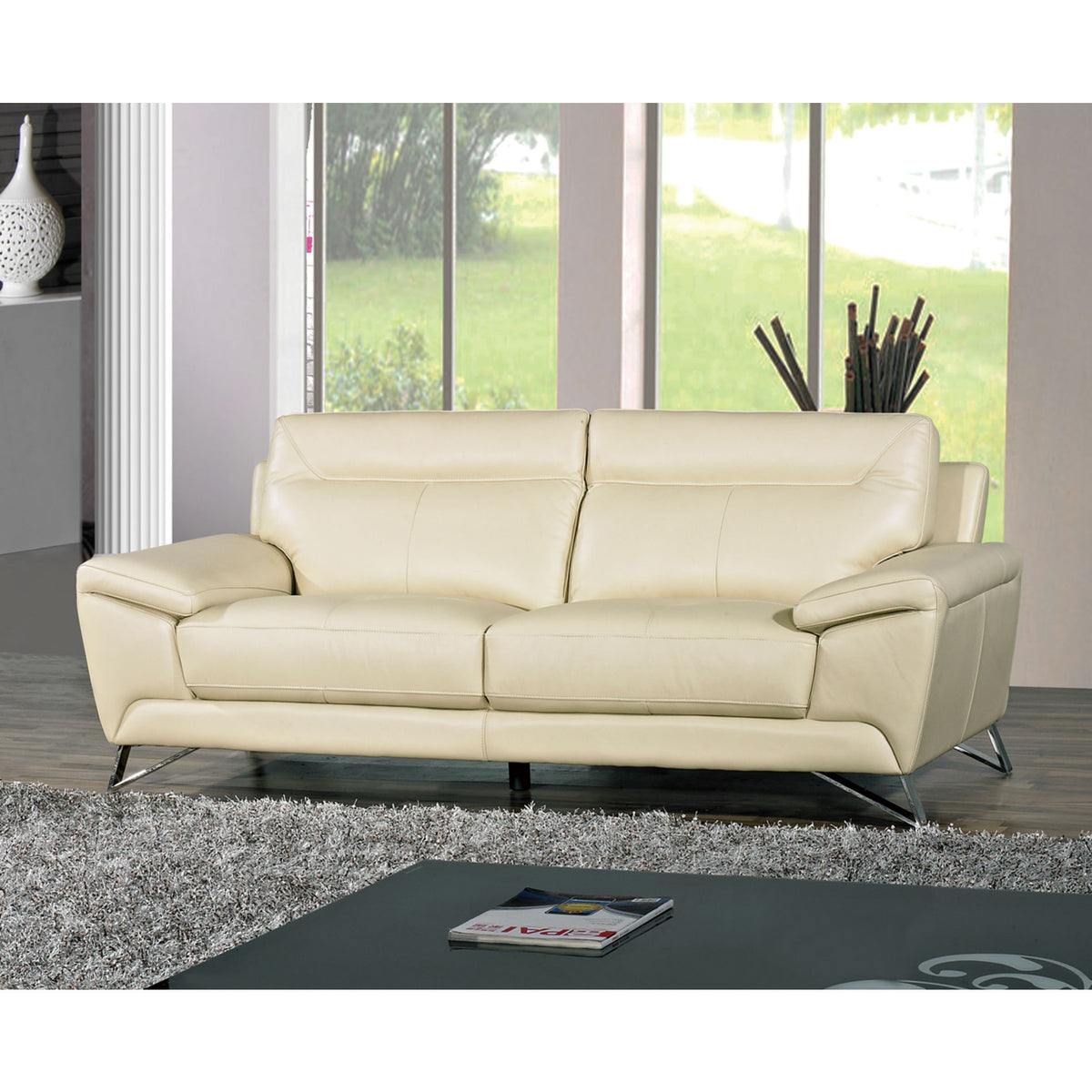 Cortesi Home Phoenix Genuine Leather Sofa, Cream 80&quot;