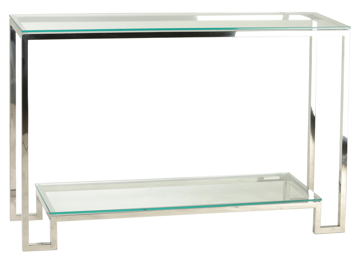 Cortesi Home Reef Contemporary 2 Shelf Glass Console Table in Stainless Steel Finish, Clear Glass
