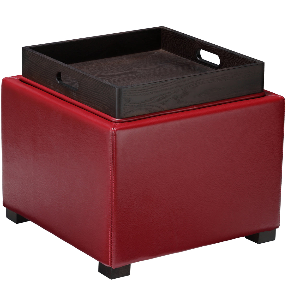 Cortesi Home Mavi Storage Tray Ottoman in Bonded Leather, Red