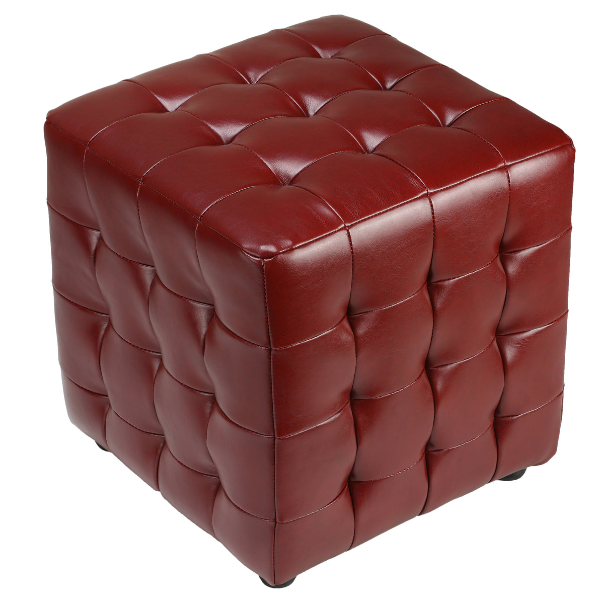 Cortesi Home Izzo Tufted Cube Ottoman in Cherry Red Bonded Leather