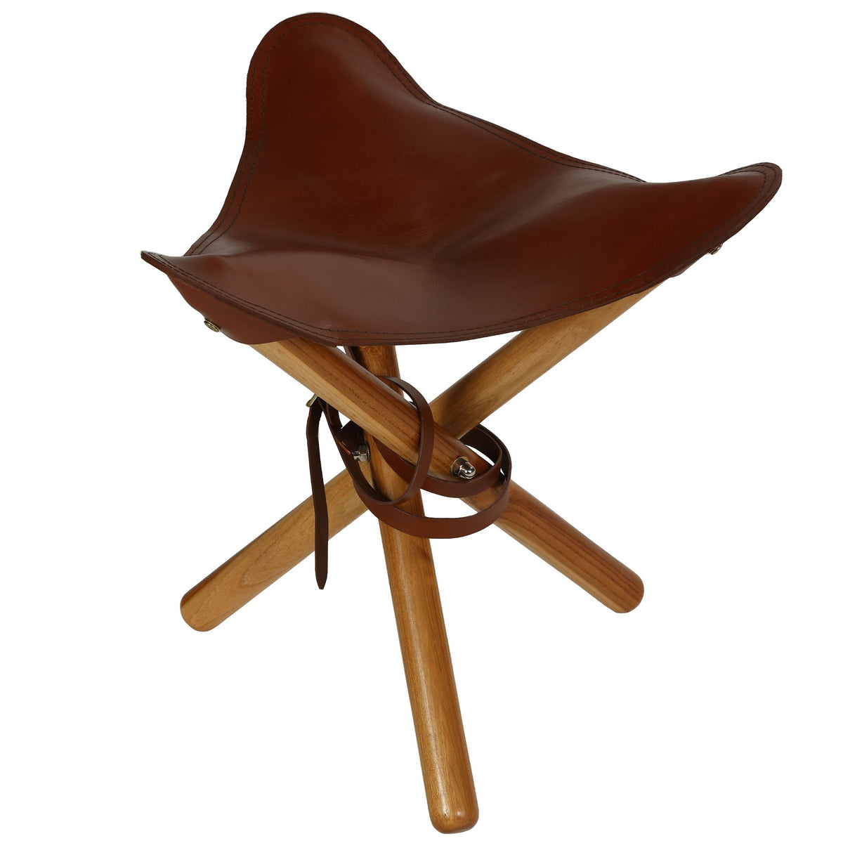 Bare Decor Cuspand Teak and Genuine  Leather Artist Folding Accent Stool in Brown