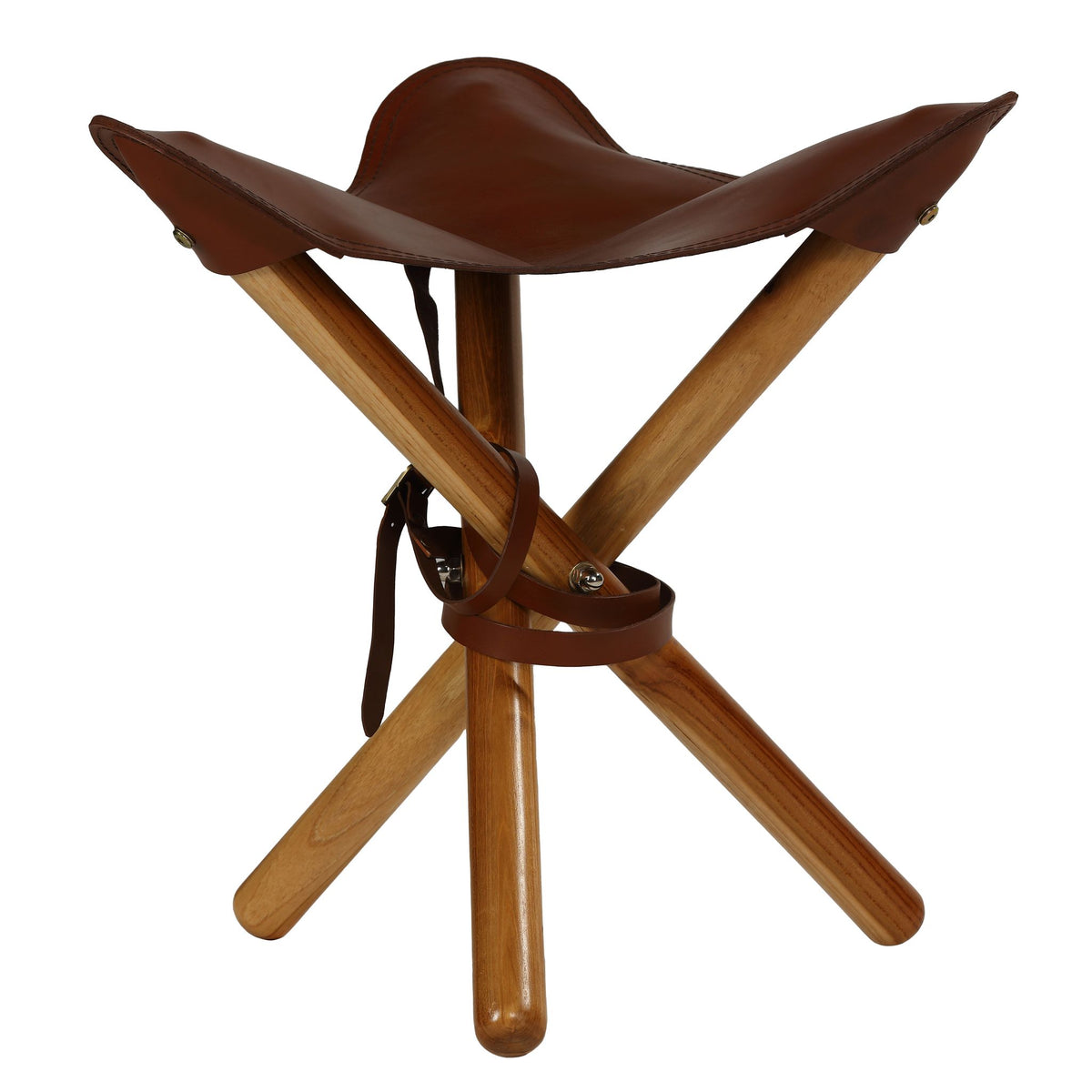 Bare Decor Cuspand Teak and Genuine  Leather Artist Folding Accent Stool in Brown