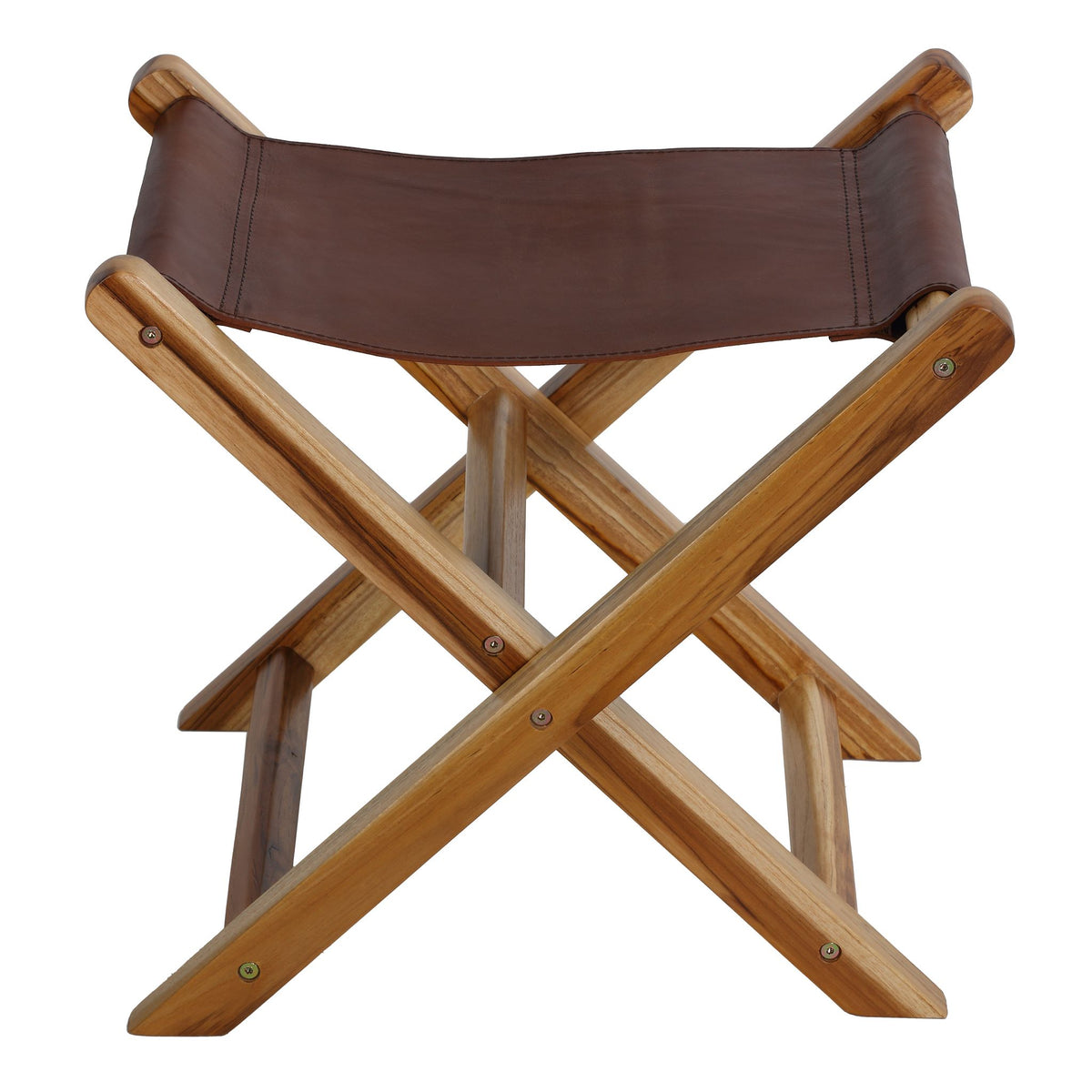 Bare Decor Hex Genuine Teak and Leather Folding Artist Stool in Brown Teak Wood