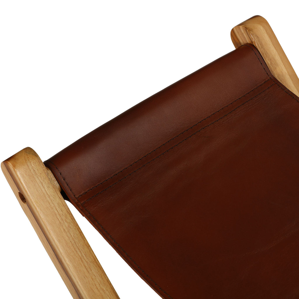 Bare Decor Hex Genuine Teak and Leather Folding Artist Stool in Brown Teak Wood