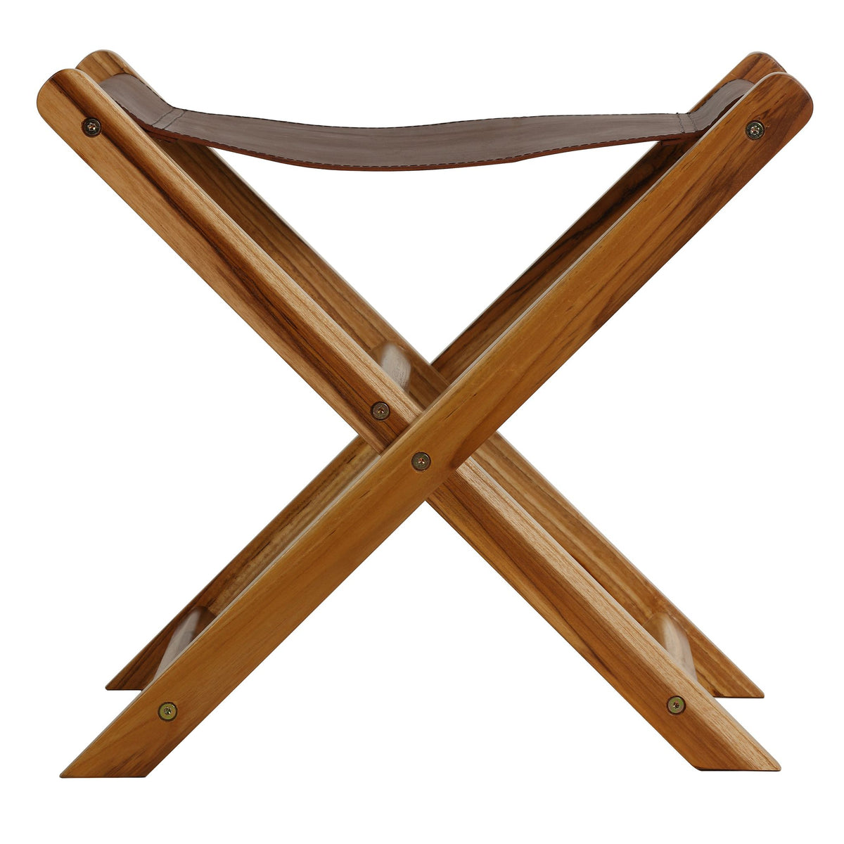 Bare Decor Hex Genuine Teak and Leather Folding Artist Stool in Brown Teak Wood