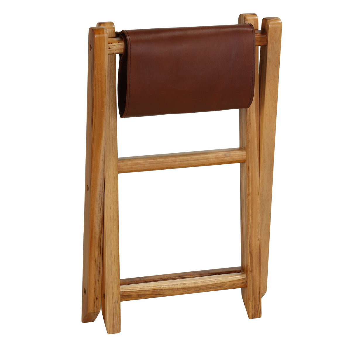 Bare Decor Hex Genuine Teak and Leather Folding Artist Stool in Brown Teak Wood