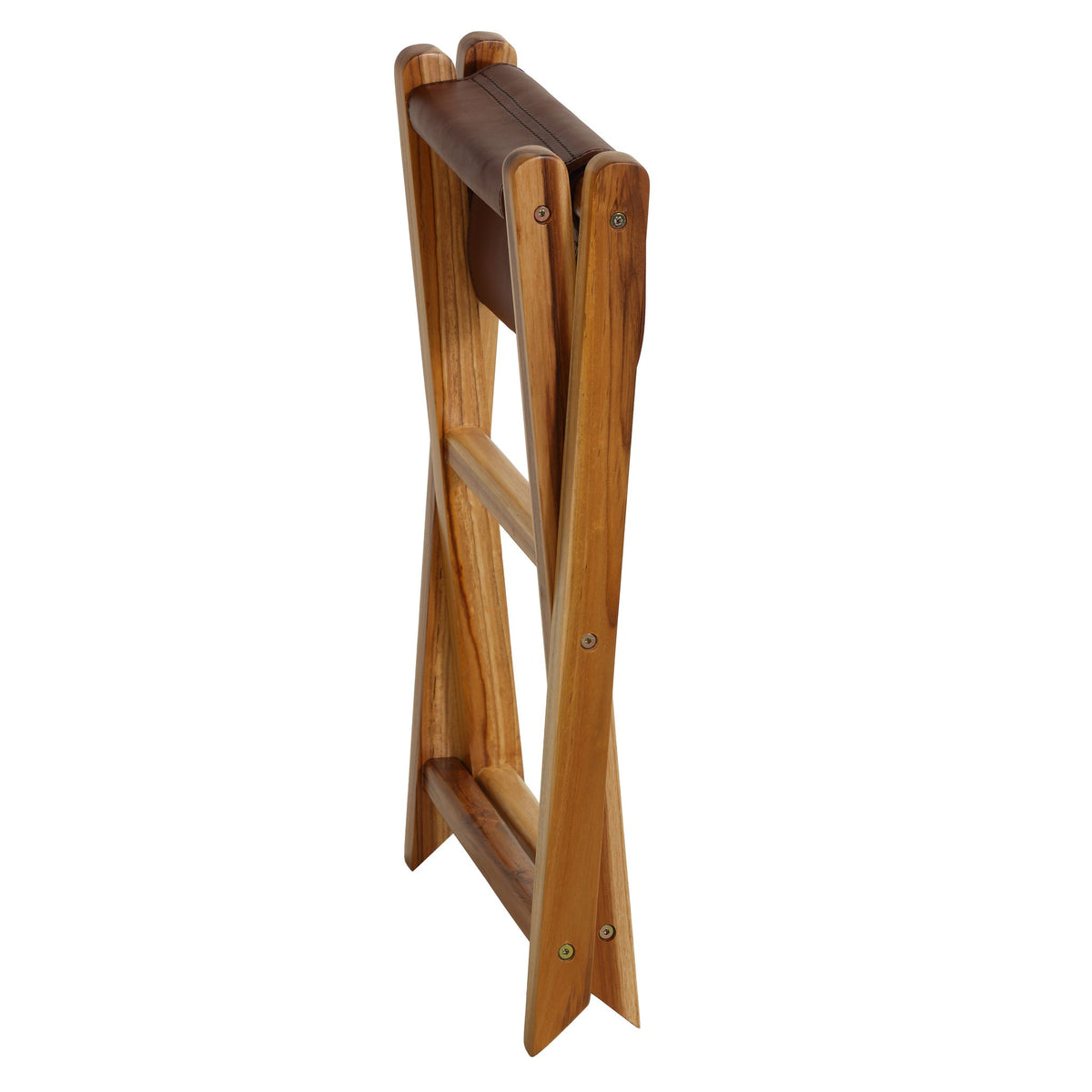 Bare Decor Hex Genuine Teak and Leather Folding Artist Stool in Brown Teak Wood