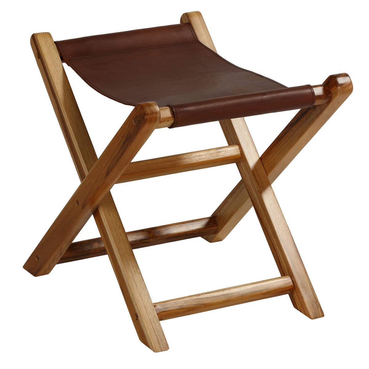 Bare Decor Hex Genuine Teak and Leather Folding Artist Stool in Brown Teak Wood