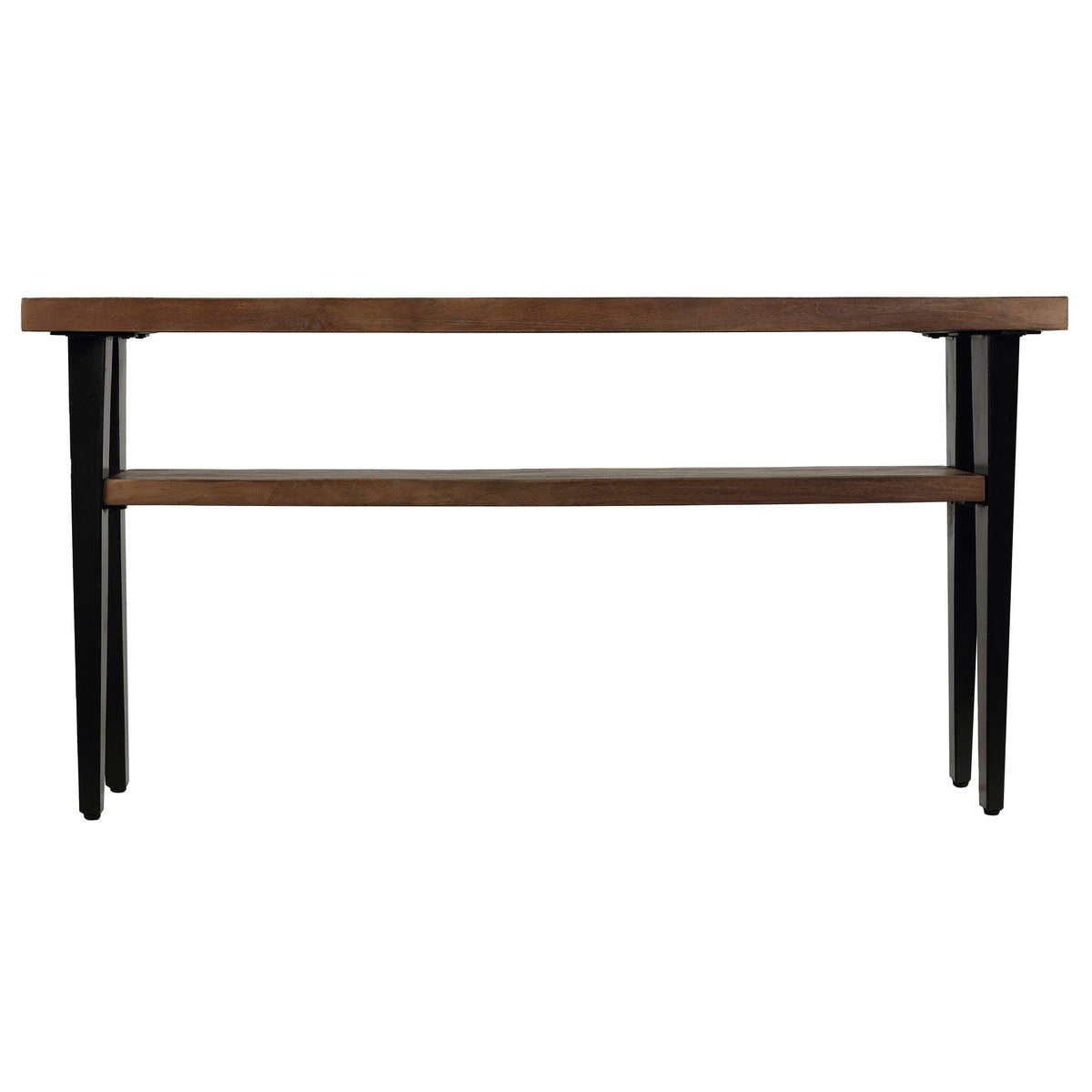 Bare Decor Alberta XL Console Table with Shelf in Parquet Style Wood and black metal legs, 56x16x30