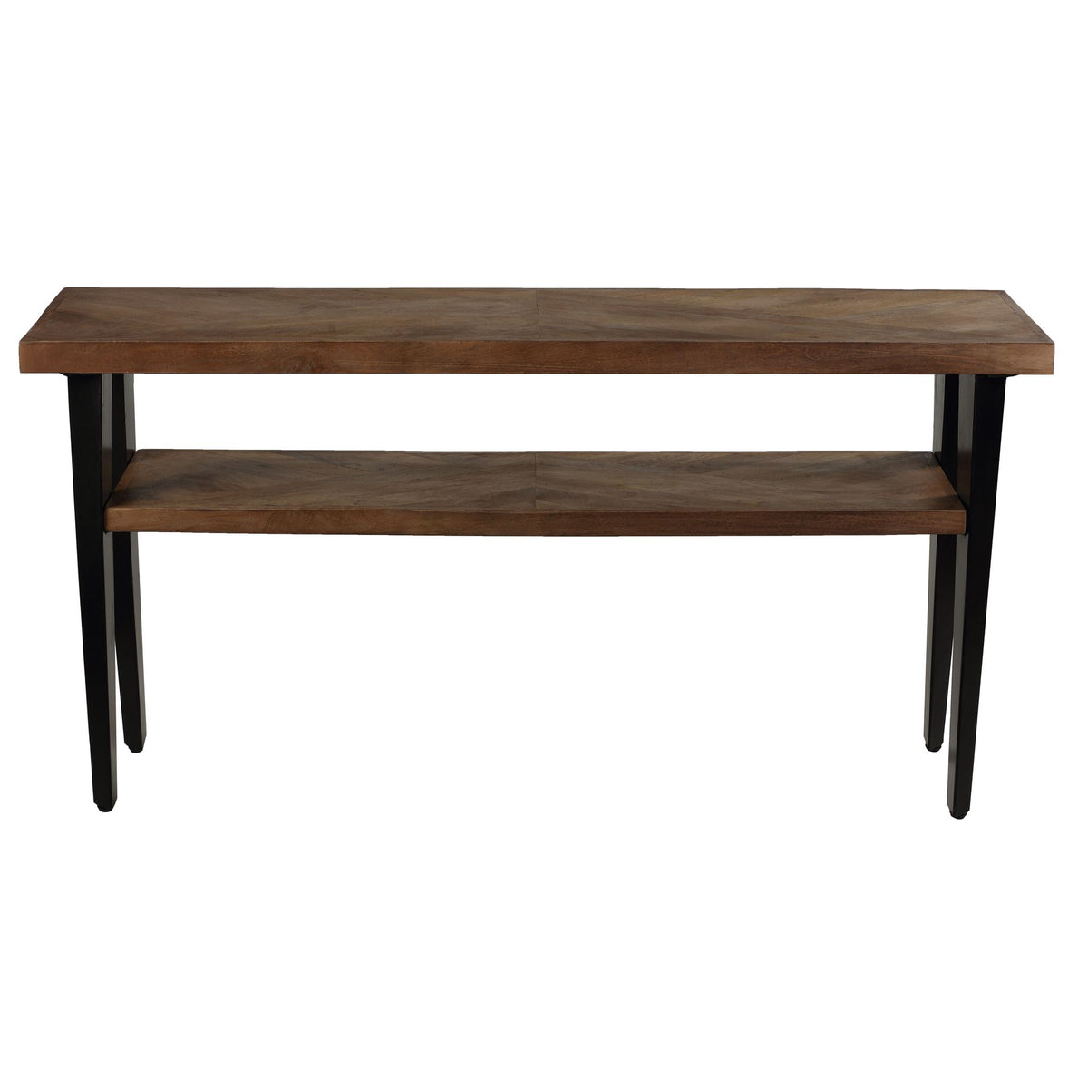 Bare Decor Alberta XL Console Table with Shelf in Parquet Style Wood and black metal legs, 56x16x30