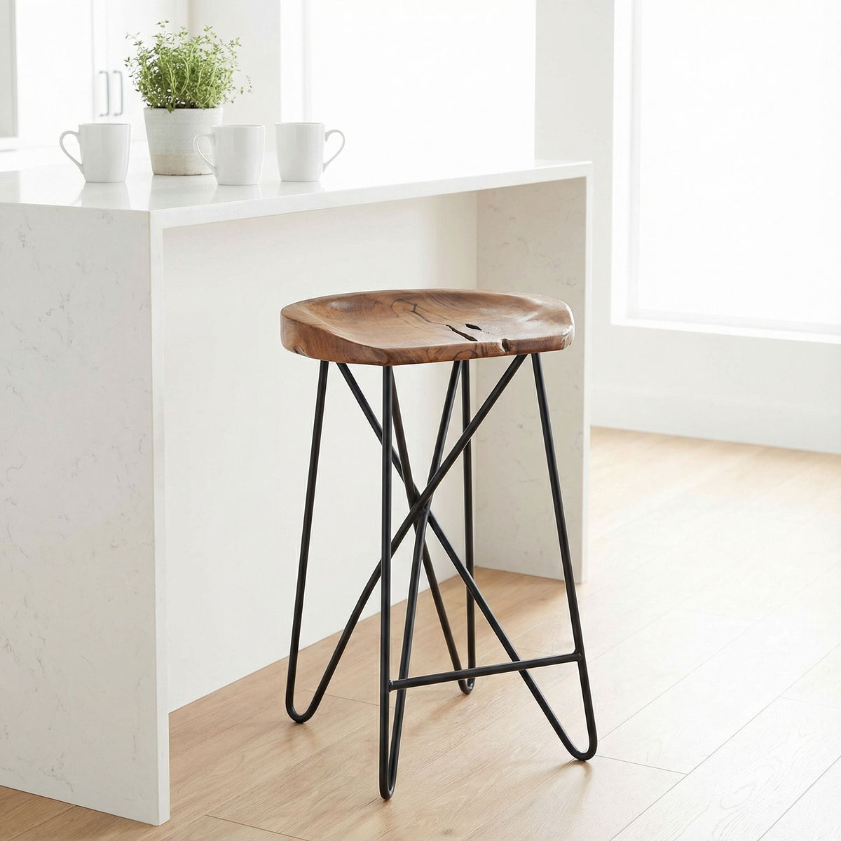 Bare Decor Aloha Backless Live Edge Teak Counter Stool with Solid Black Metal Legs, 27" Tall