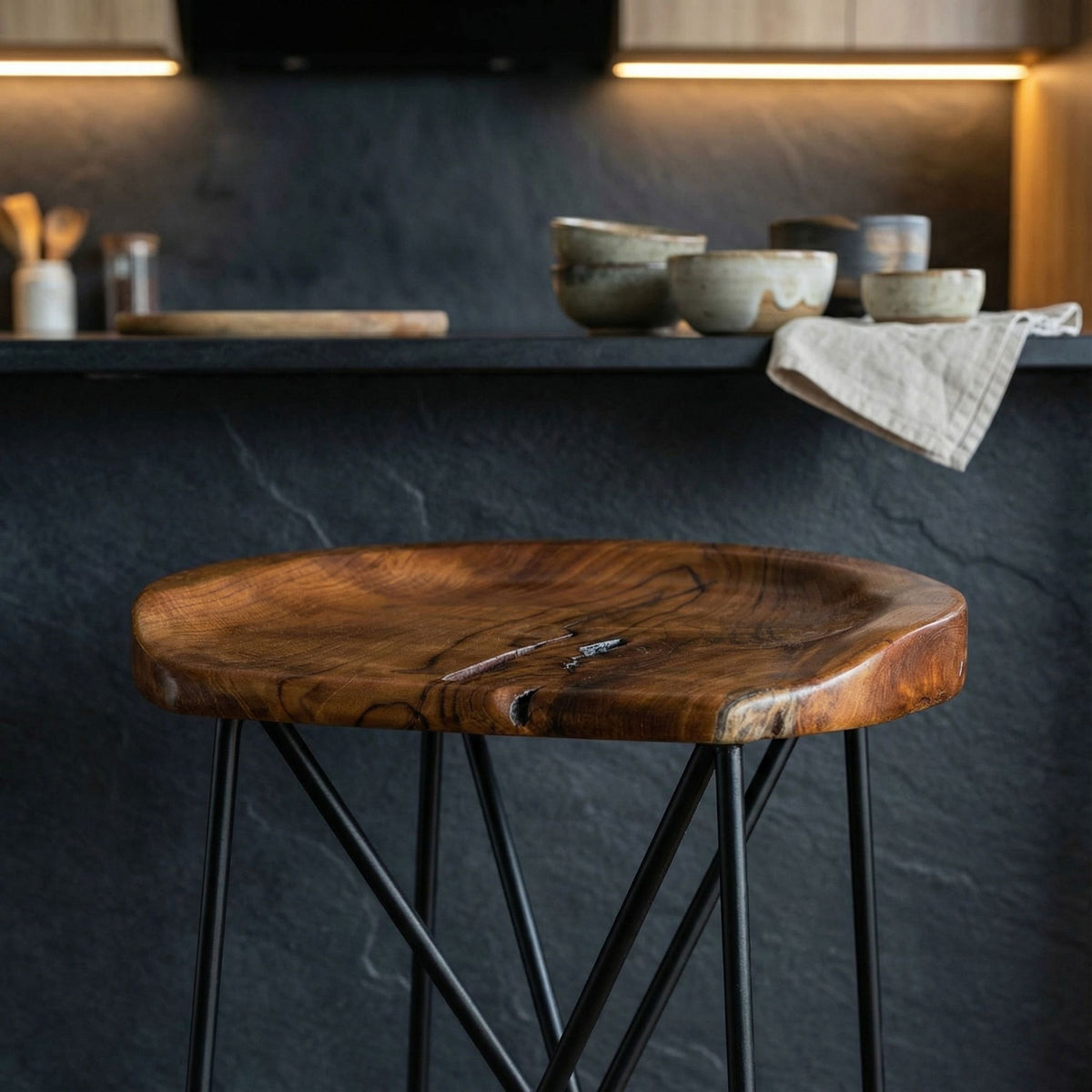 Bare Decor Aloha Backless Live Edge Teak Counter Stool with Solid Black Metal Legs, 27" Tall