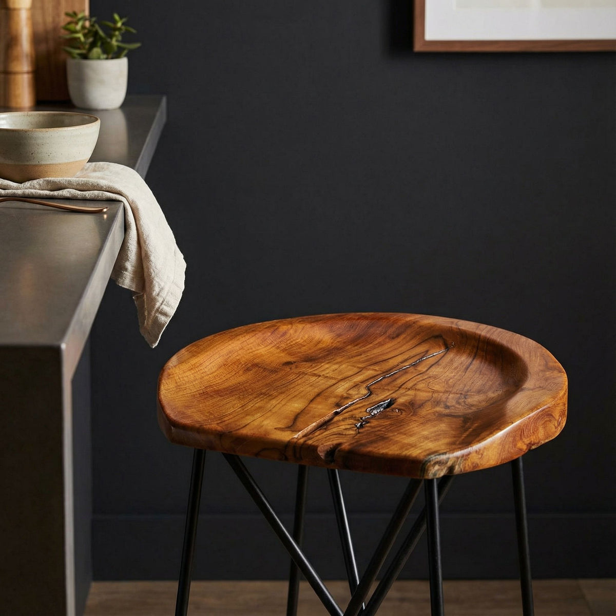 Bare Decor Aloha Backless Live Edge Teak Counter Stool with Solid Black Metal Legs, 27" Tall