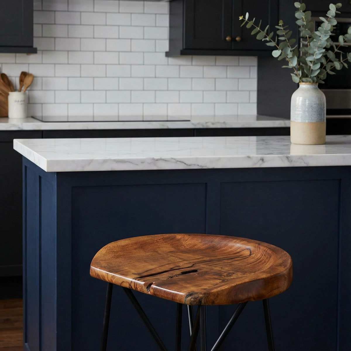 Bare Decor Aloha Backless Live Edge Teak Counter Stool with Solid Black Metal Legs, 27" Tall