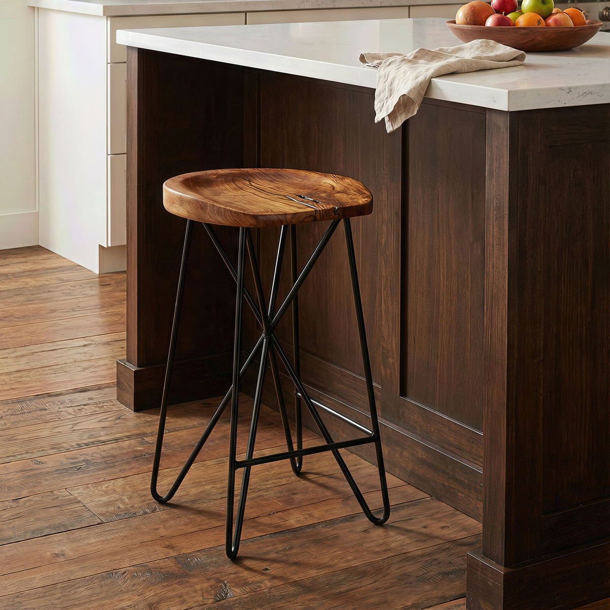 Bare Decor Aloha Backless Live Edge Teak Counter Stool with Solid Black Metal Legs, 27" Tall