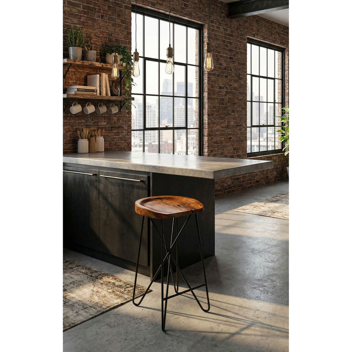 Bare Decor Aloha Backless Live Edge Teak Counter Stool with Solid Black Metal Legs, 27" Tall