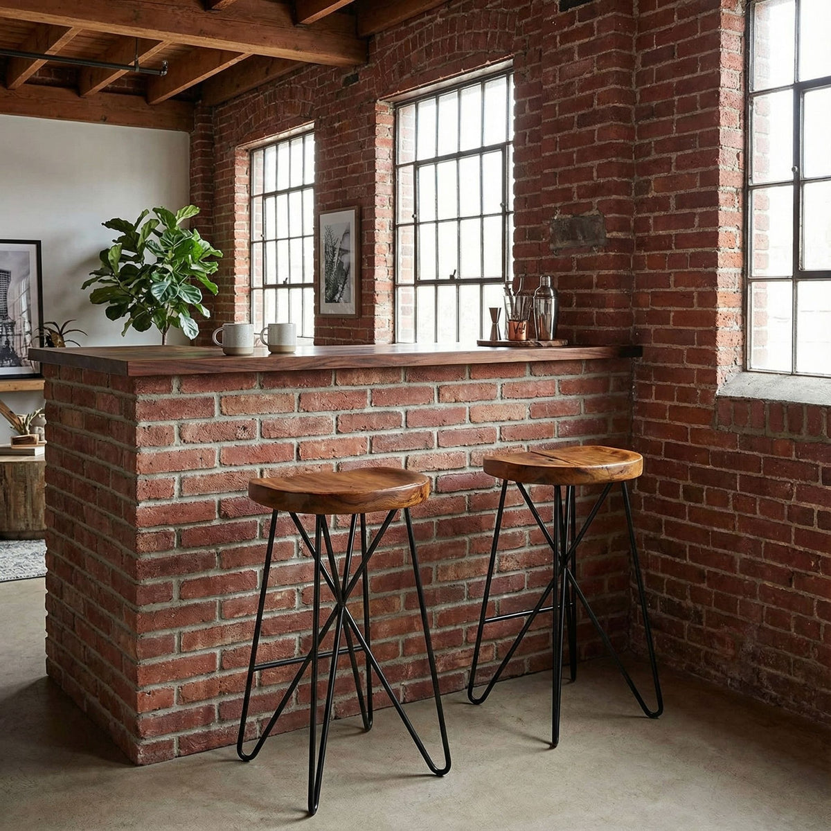 Bare Decor Aloha Backless Live Edge Teak Counter Stool with Solid Black Metal Legs, 27" Tall