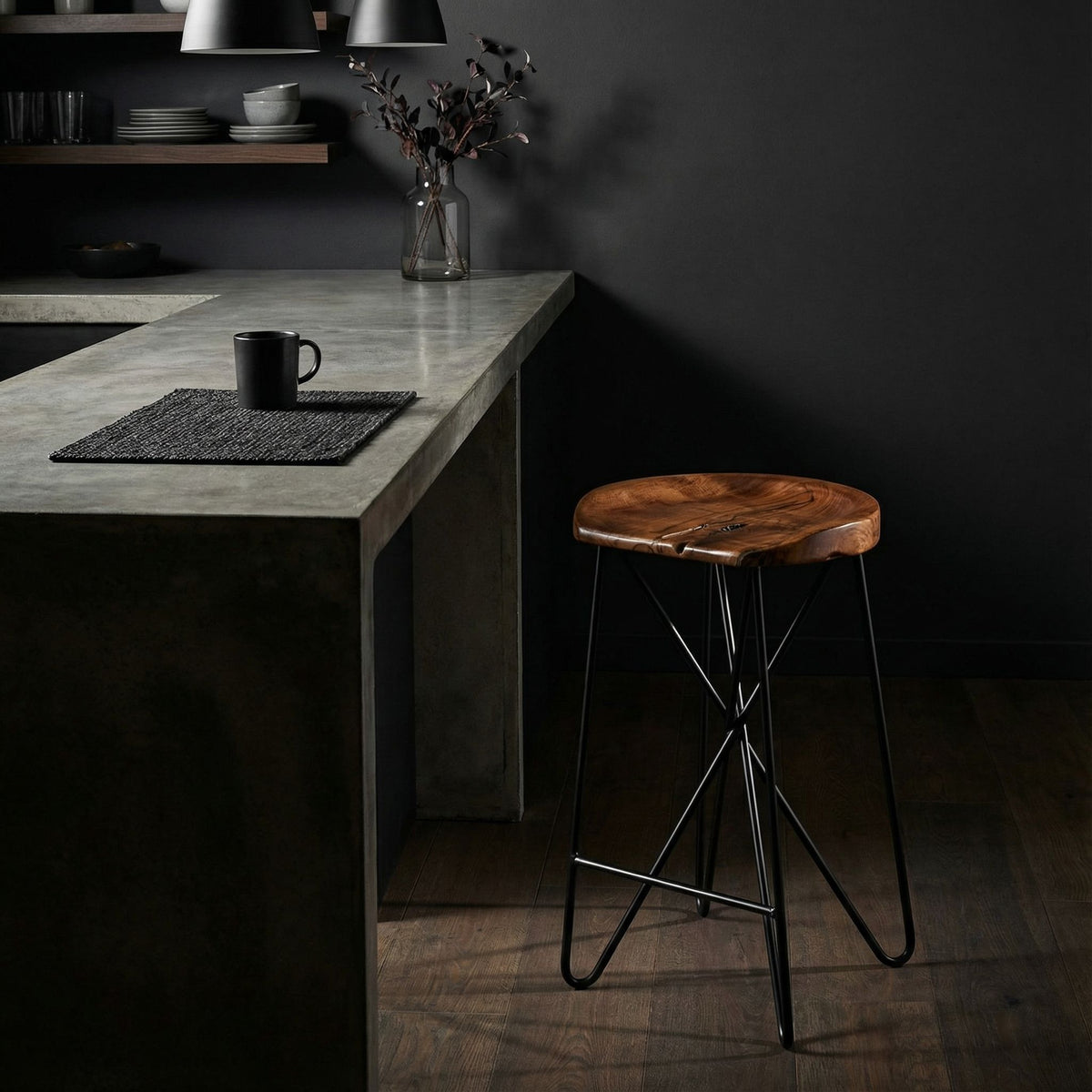 Bare Decor Aloha Backless Live Edge Teak Counter Stool with Solid Black Metal Legs, 27" Tall