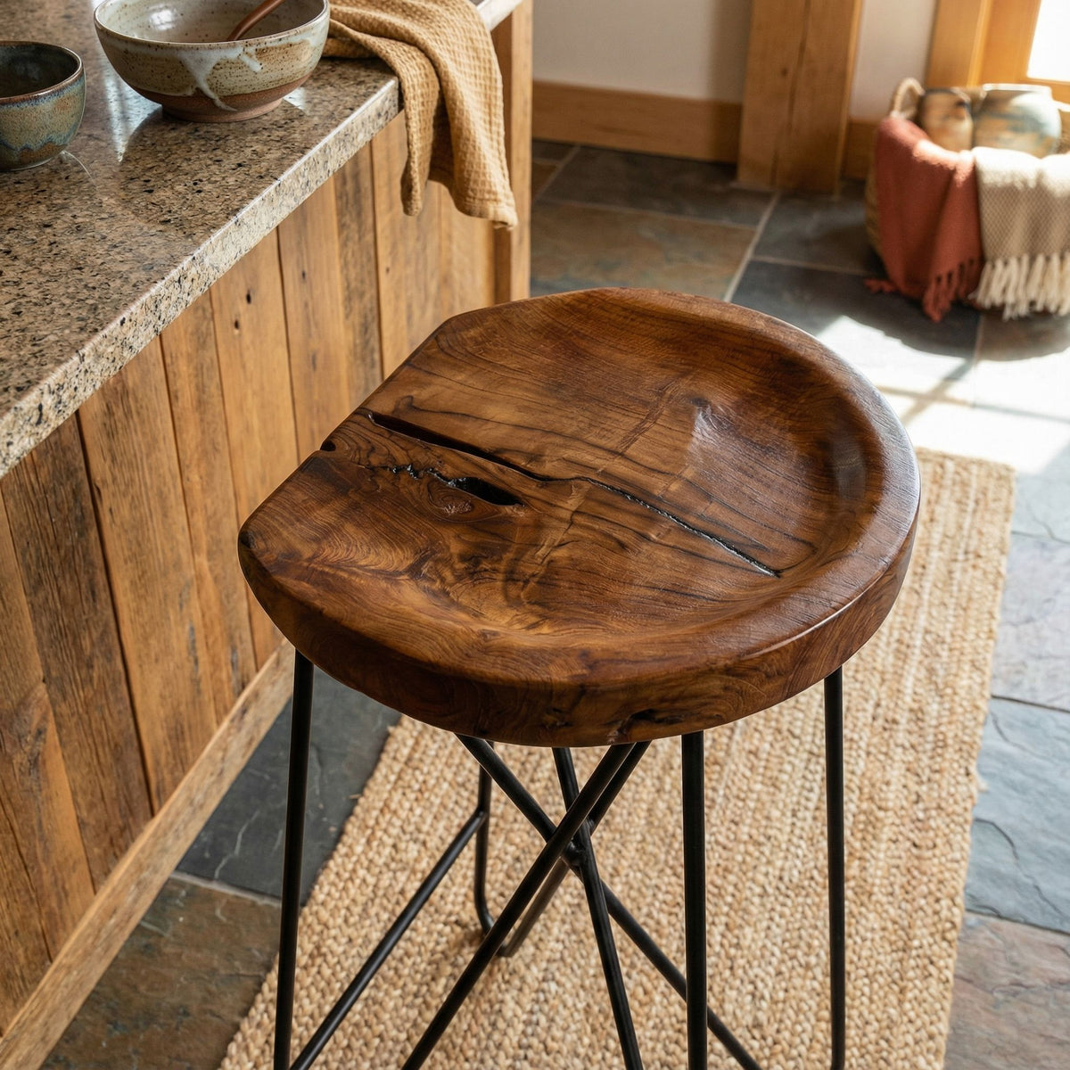 Bare Decor Aloha Backless Live Edge Teak Counter Stool with Solid Black Metal Legs, 27" Tall