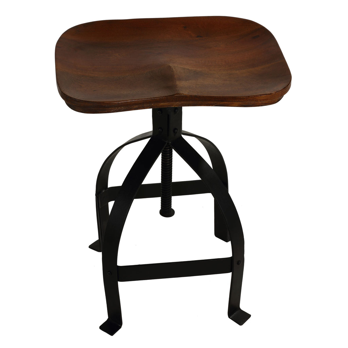 Bare Decor Keg Counter Swivel Stool in Solid Wood and Black Metal, Adjustable Height