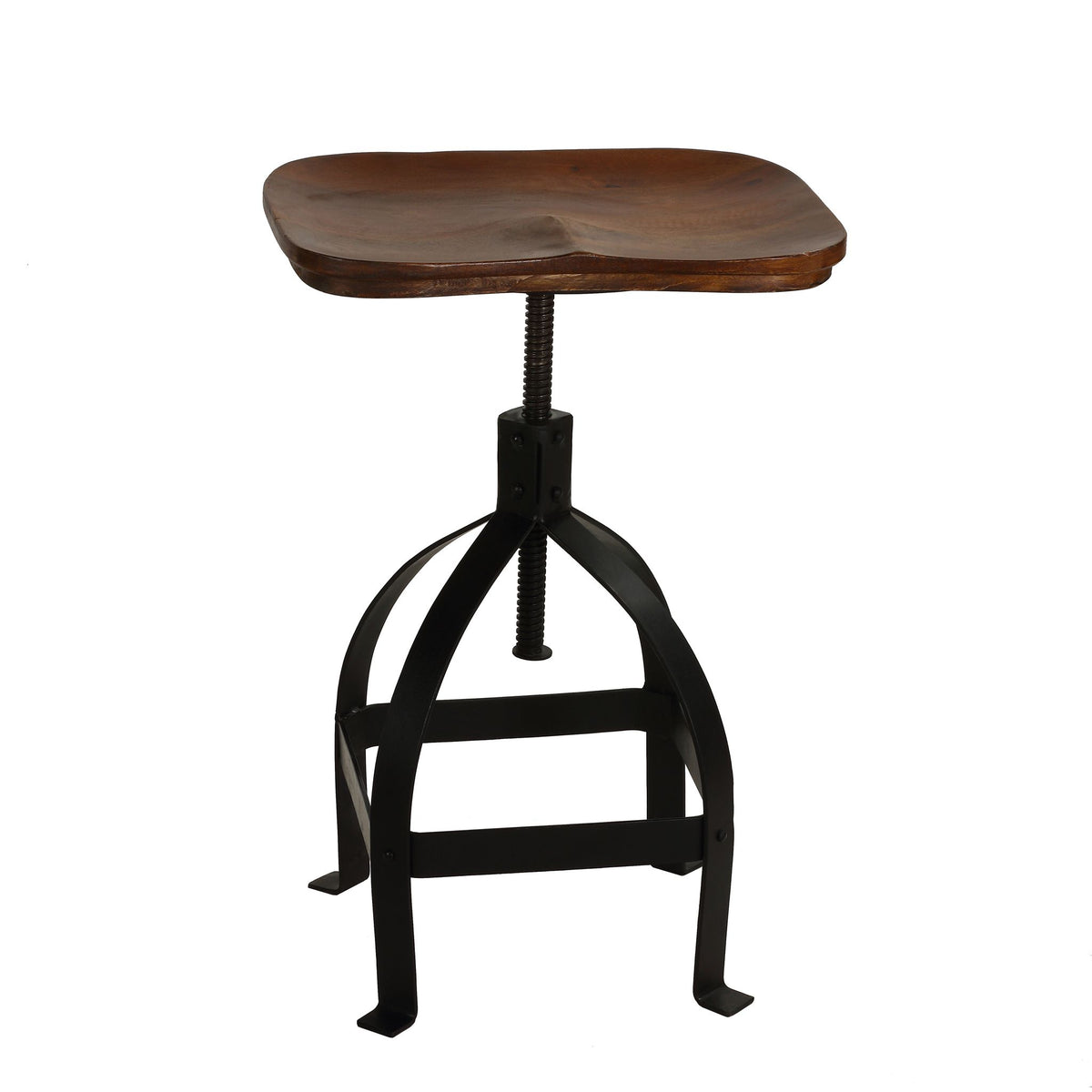 Bare Decor Keg Counter Swivel Stool in Solid Wood and Black Metal, Adjustable Height