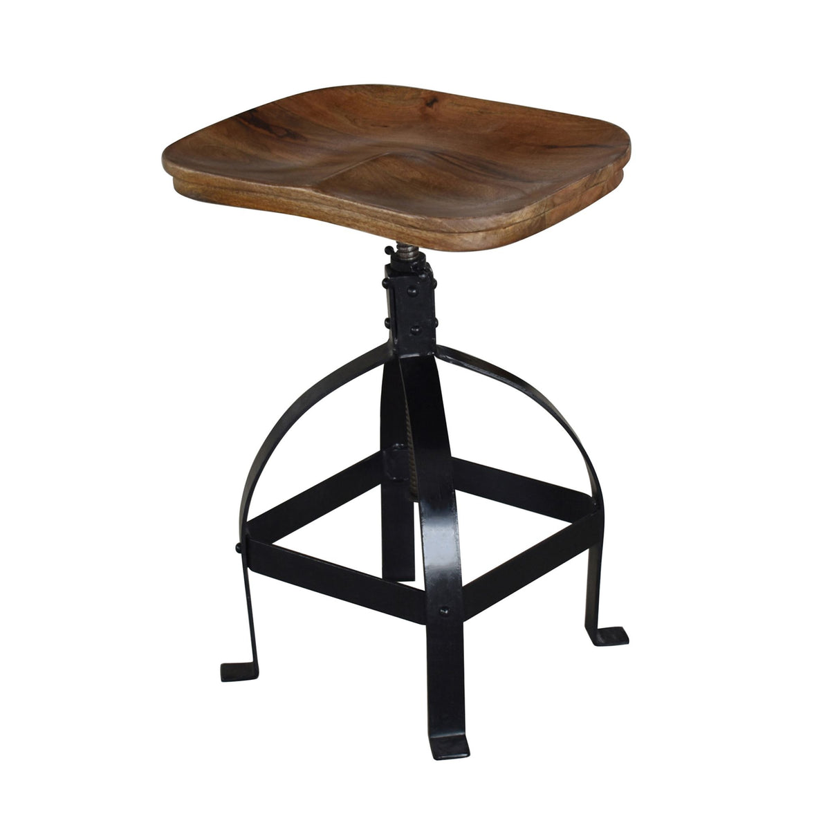 Bare Decor Keg Counter Swivel Stool in Solid Wood and Black Metal, Adjustable Height