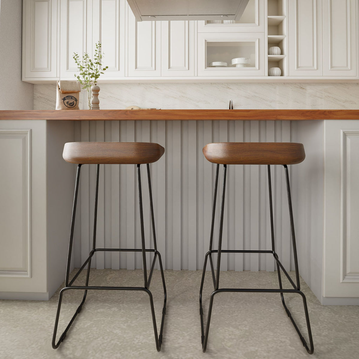 Bare Decor Dumas Solid Wood Barstool 30&quot;  Seat Height, Black Metal Base, Set of 2