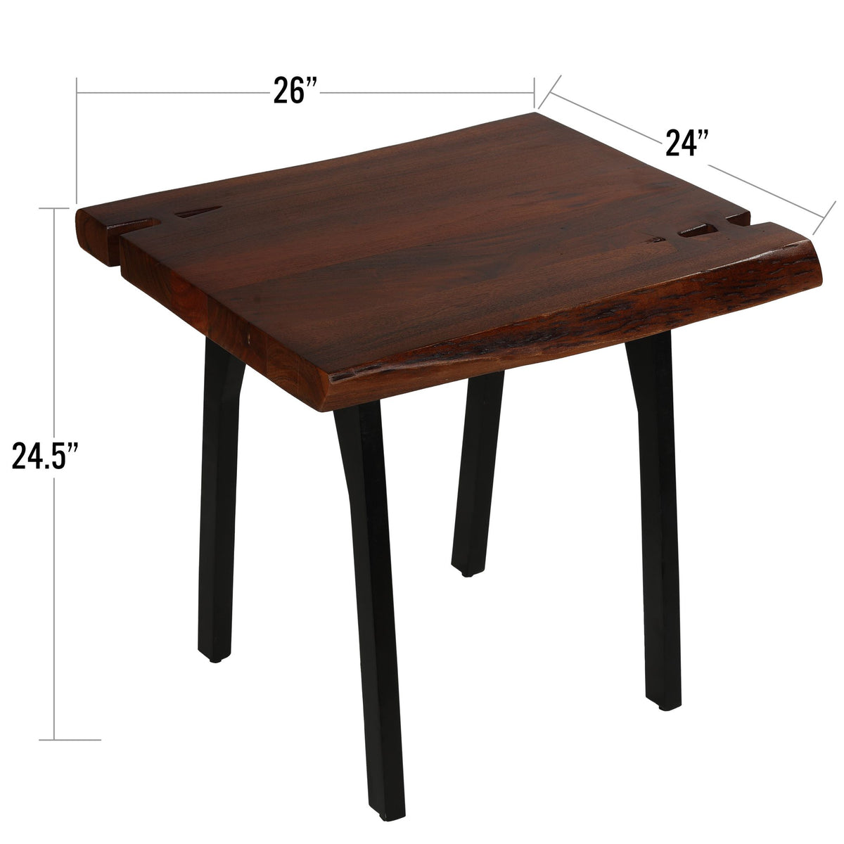 Bare Decor Brunswick End Table With Live Edge Solid Wood Top and Black Metal Legs