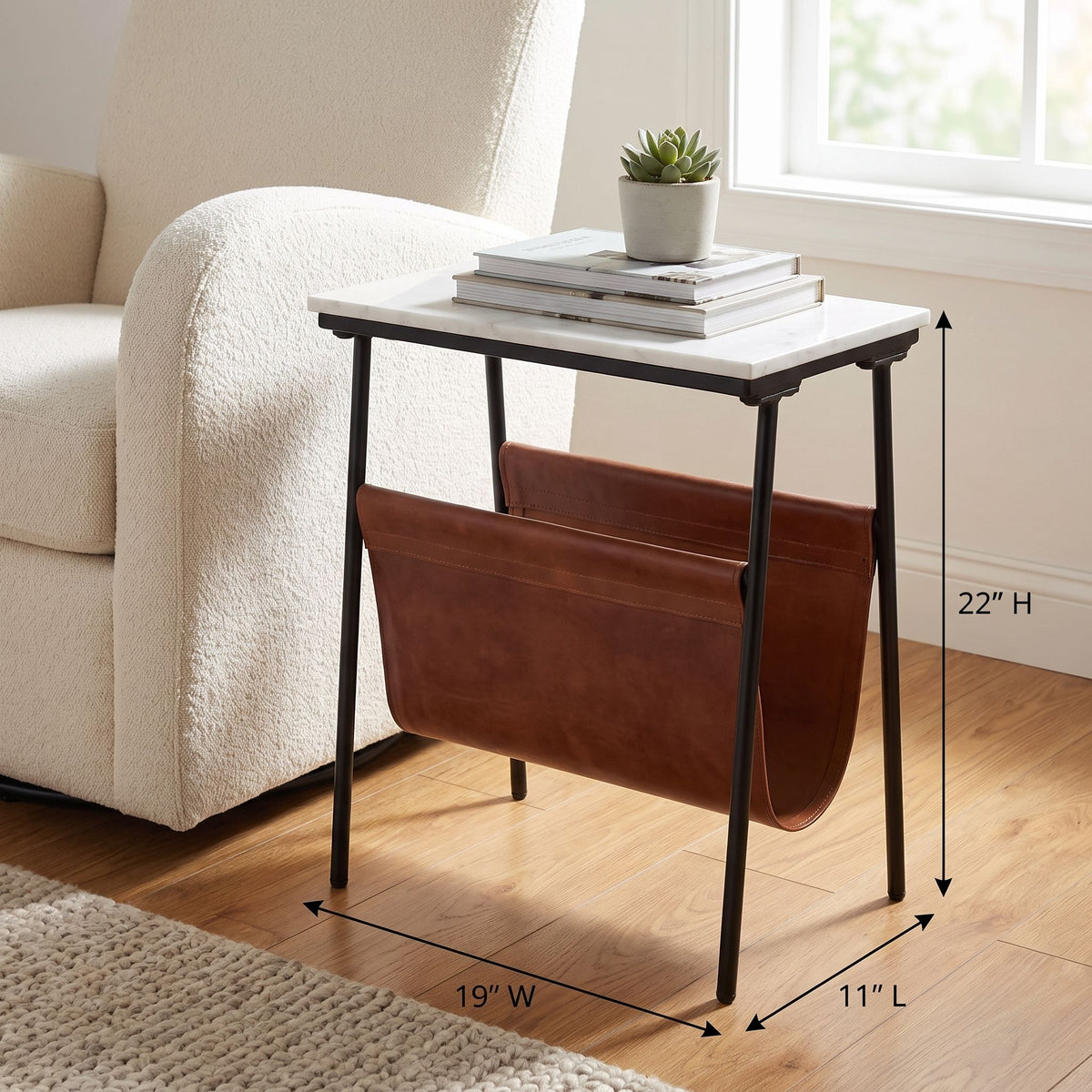 Bare Decor Glacier Magazine Table Metal with Marble Top and Genuine Leather 19x11x22