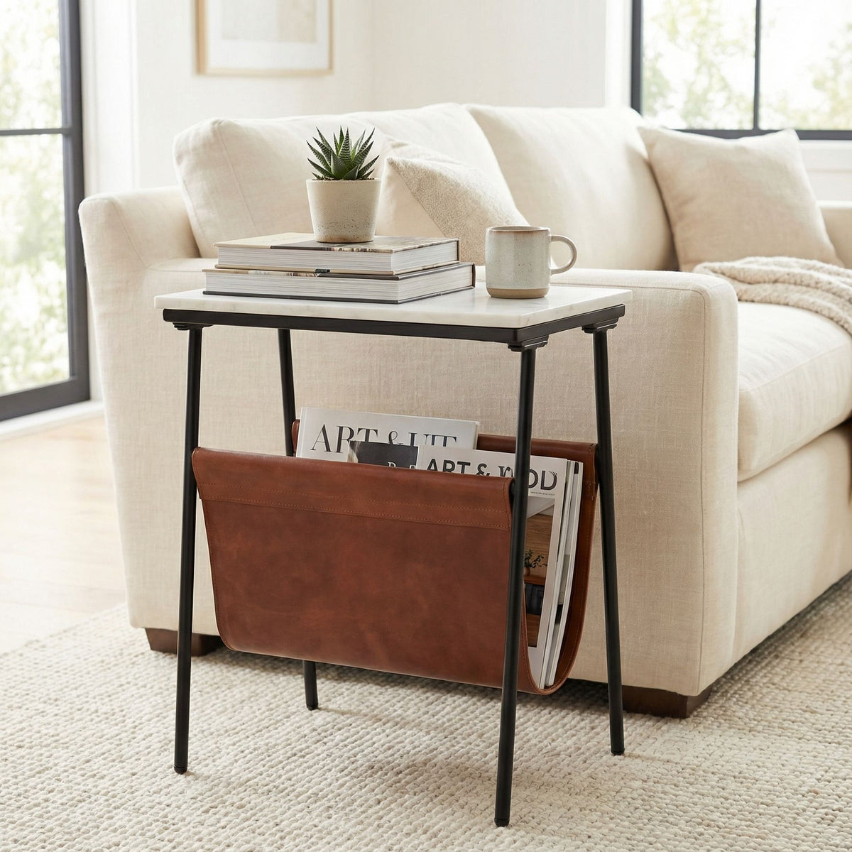 Bare Decor Glacier Bare Decor Gauntlet Magazine Table Metal with Marble Top and Genuine Leather 18x10x22
