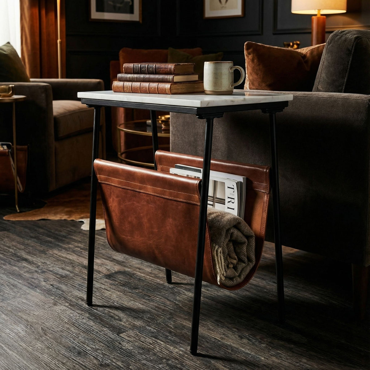 Bare Decor Glacier Bare Decor Gauntlet Magazine Table Metal with Marble Top and Genuine Leather 18x10x22