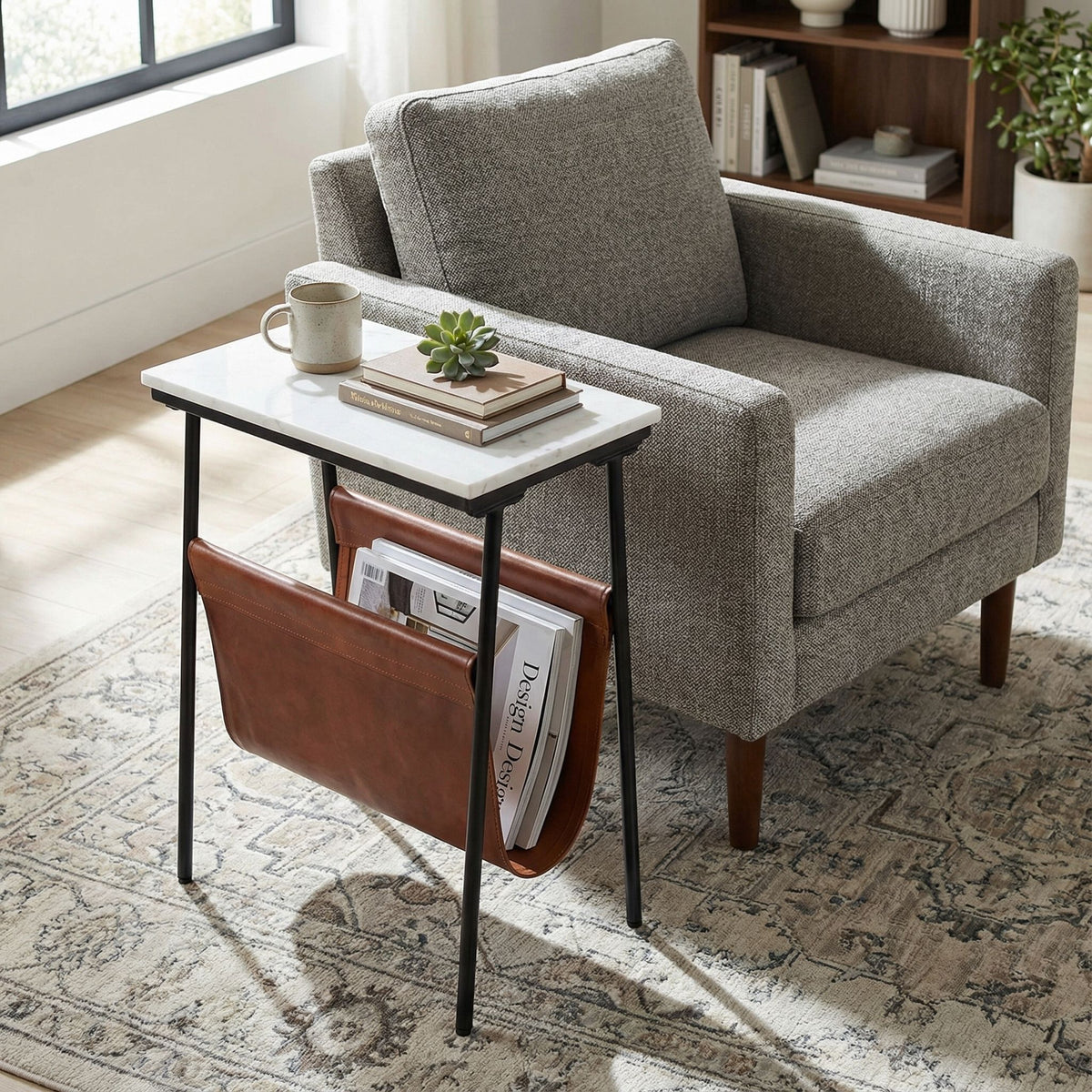 Bare Decor Glacier Bare Decor Gauntlet Magazine Table Metal with Marble Top and Genuine Leather 18x10x22