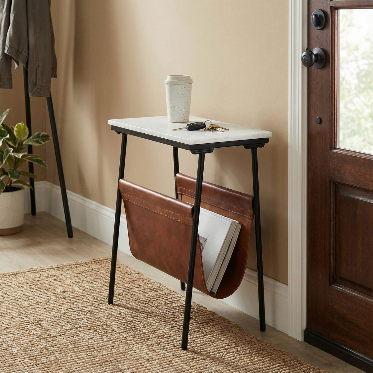 Bare Decor Glacier Bare Decor Gauntlet Magazine Table Metal with Marble Top and Genuine Leather 18x10x22