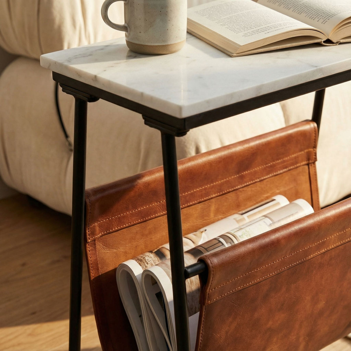 Bare Decor Glacier Bare Decor Gauntlet Magazine Table Metal with Marble Top and Genuine Leather 18x10x22