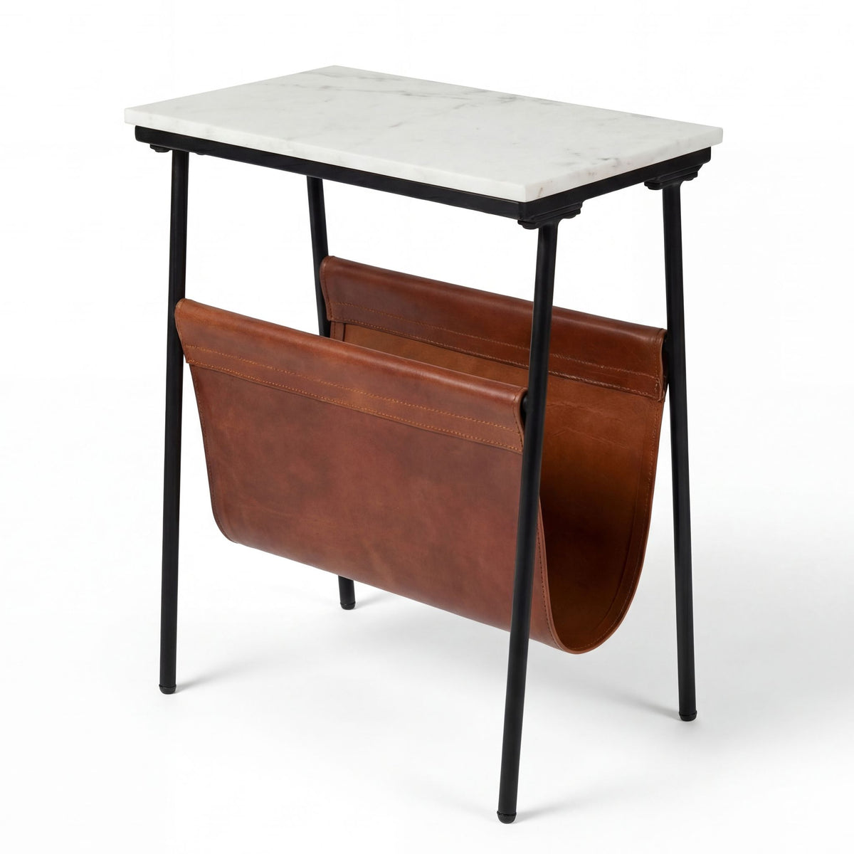 Bare Decor Glacier Bare Decor Gauntlet Magazine Table Metal with Marble Top and Genuine Leather 18x10x22