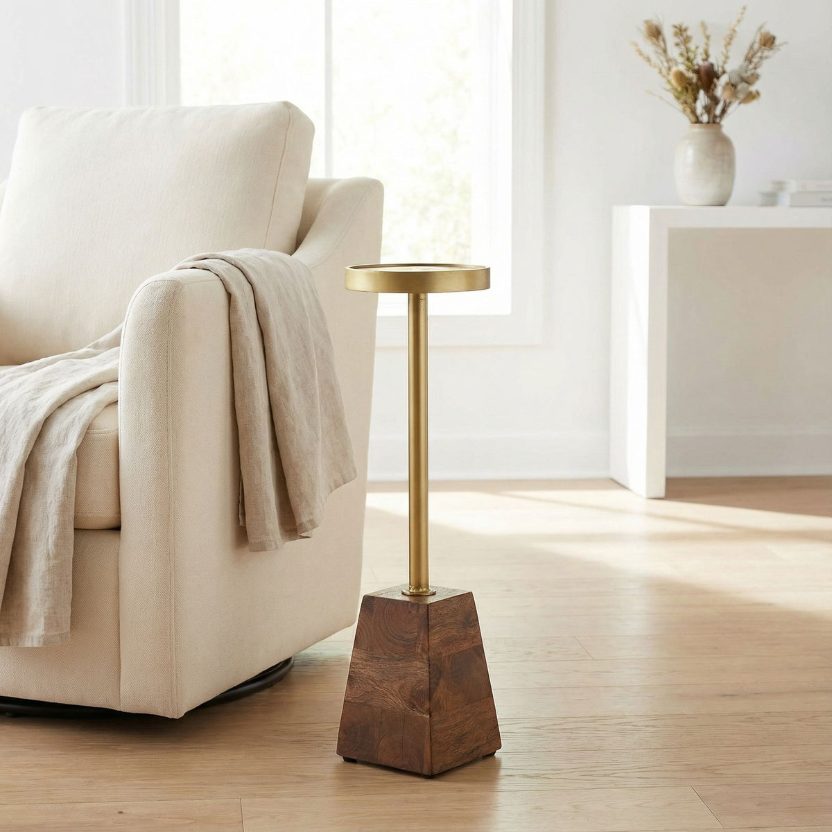 Bare Decor Maya Small Round Accent Table in Solid Metal and Wood, 8x8x25