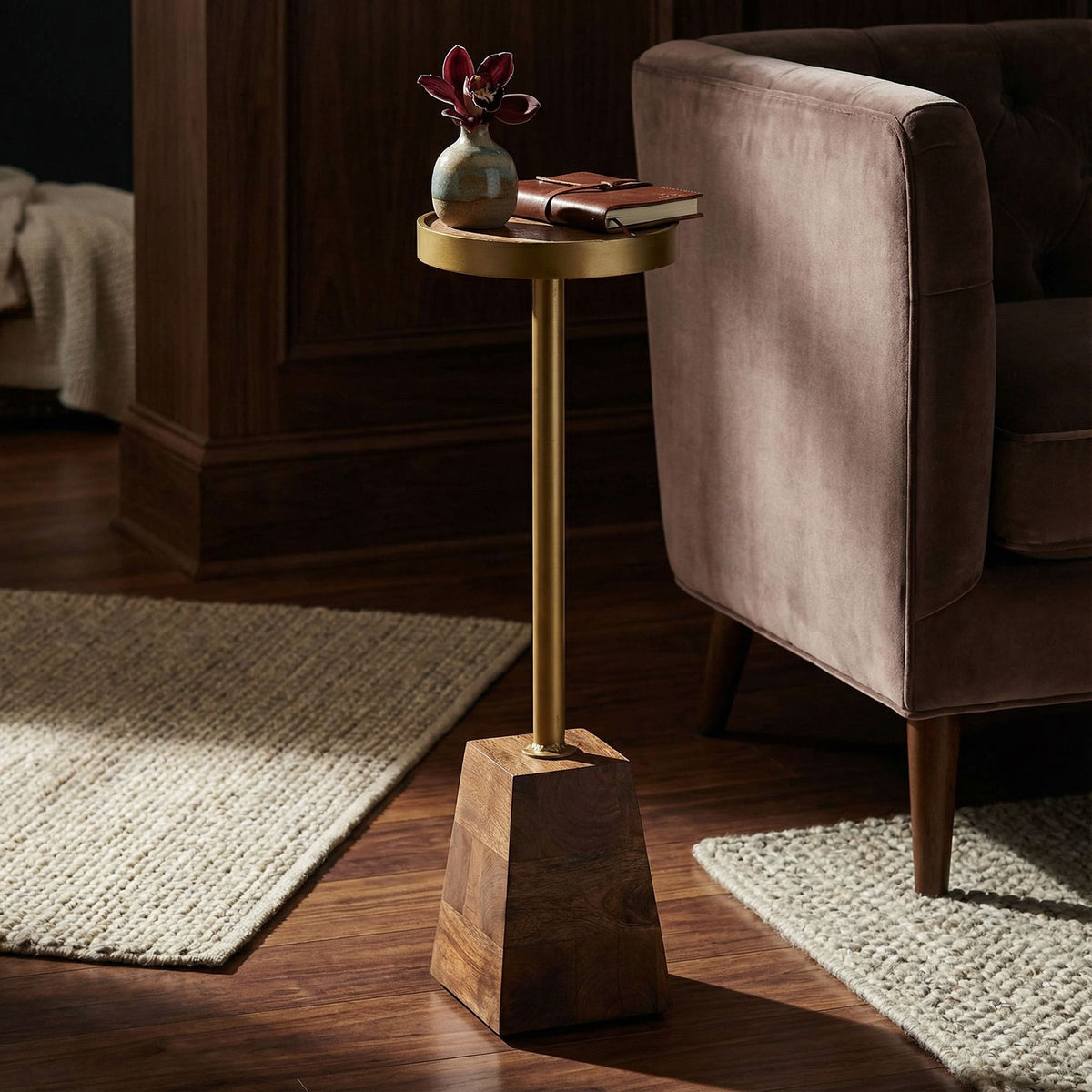 Bare Decor Maya Small Round Accent Table in Solid Metal and Wood, 8x8x25