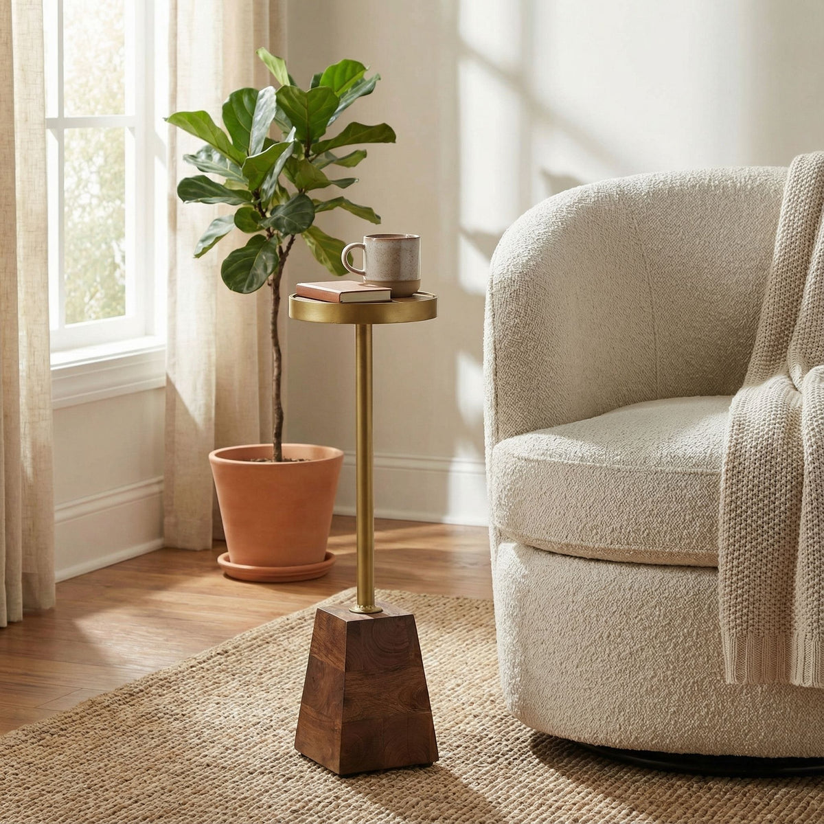 Bare Decor Maya Small Round Accent Table in Solid Metal and Wood, 8x8x25