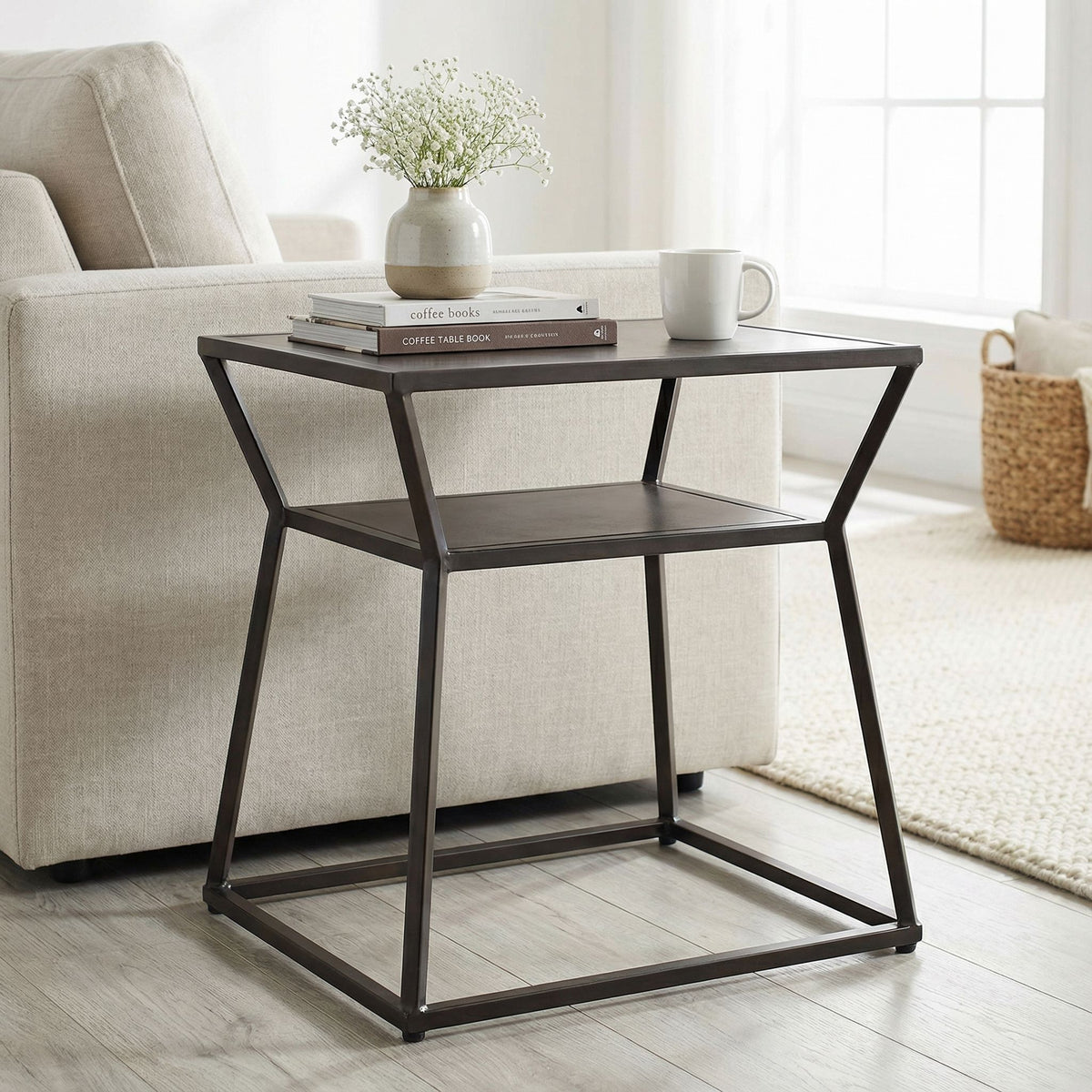 Bare Decor Duplex Accent Table Metal, Distressed Brown Finish, 14x19x19