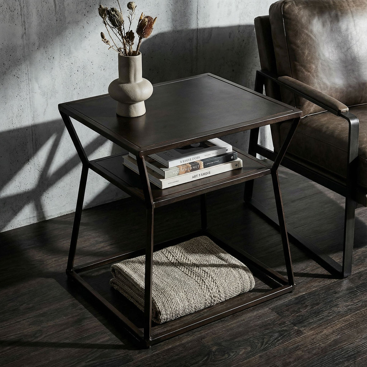 Bare Decor Duplex Accent Table Metal, Distressed Brown Finish, 14x19x19