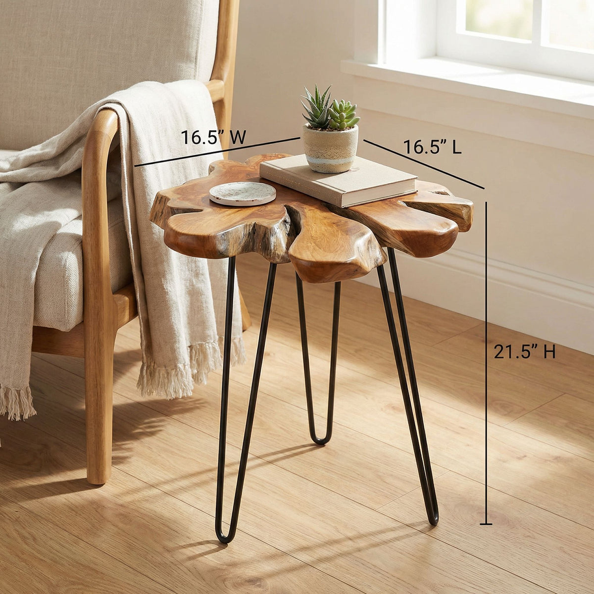 Bare Decor Evan Accent End Table with Natural Live Edge Solid Teak Root Top