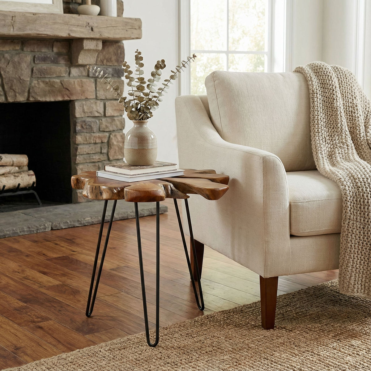 Bare Decor Evan Accent End Table with Natural Live Edge Solid Teak Root Top