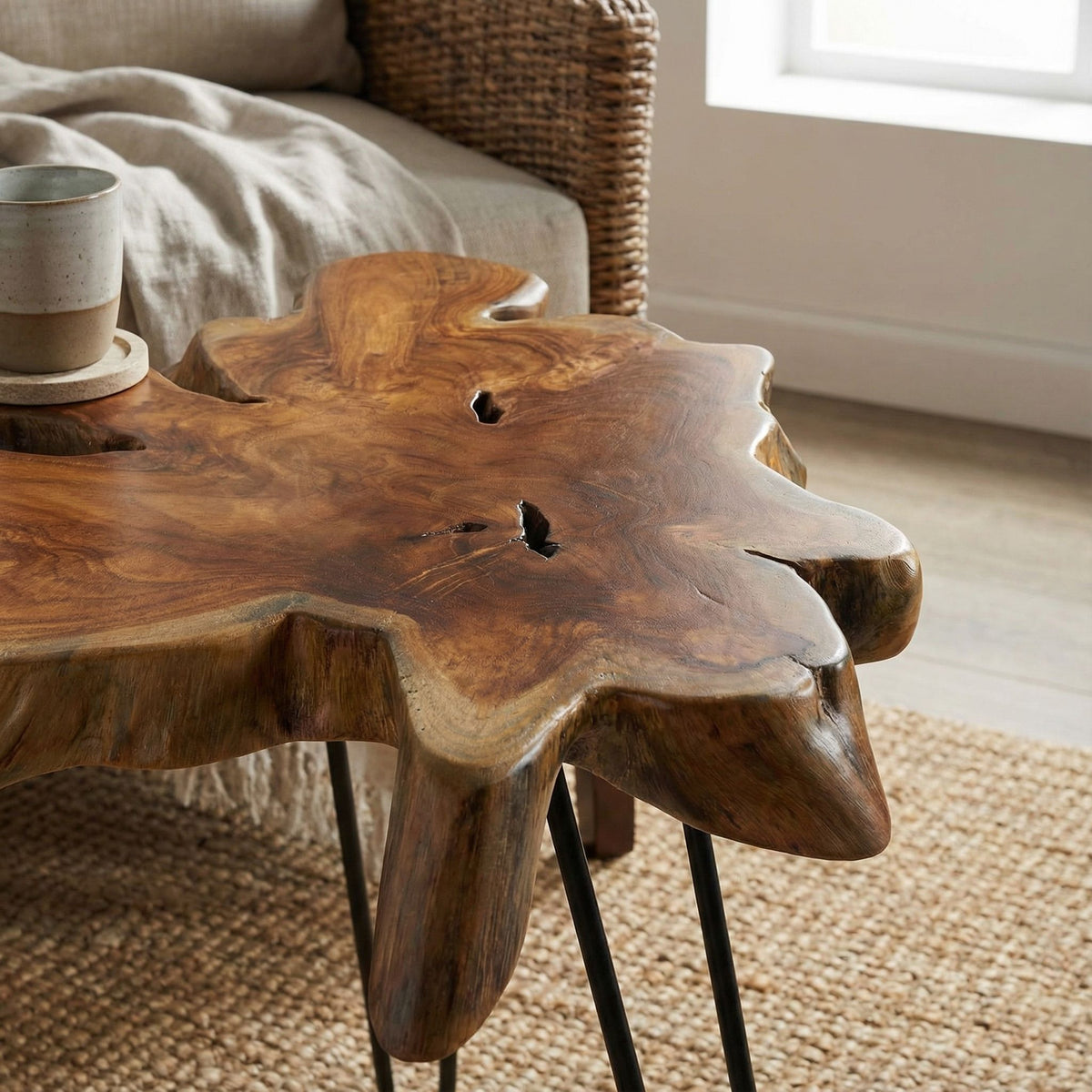 Bare Decor Evan Accent End Table with Natural Live Edge Solid Teak Root Top