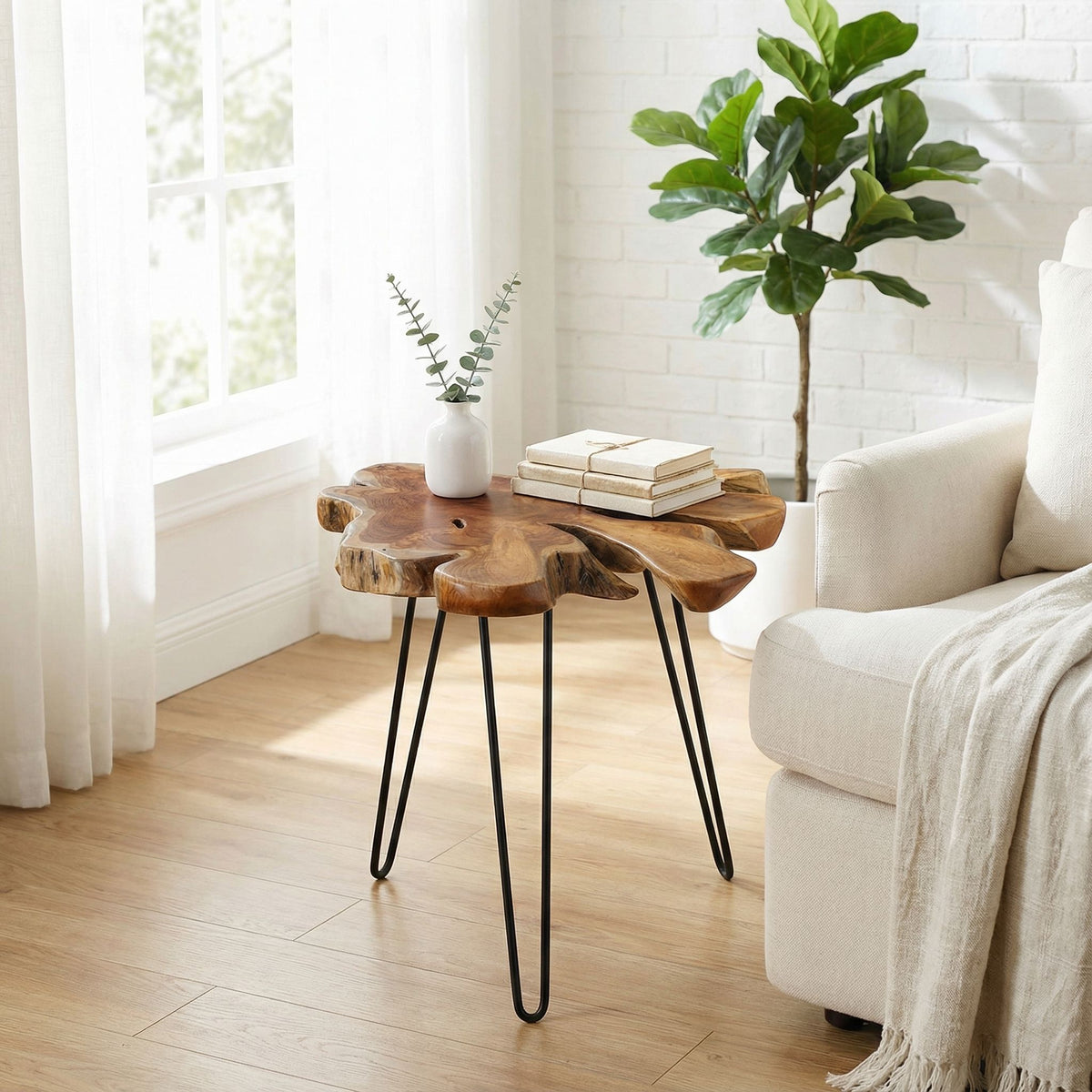 Bare Decor Evan Accent End Table with Natural Live Edge Solid Teak Root Top