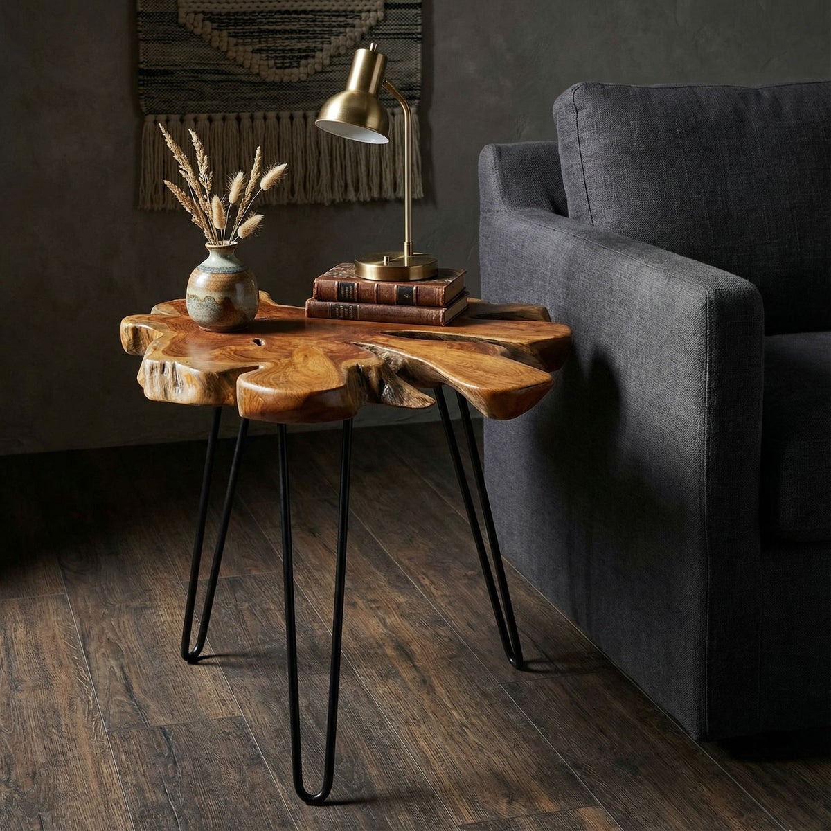 Bare Decor Evan Accent End Table with Natural Live Edge Solid Teak Root Top