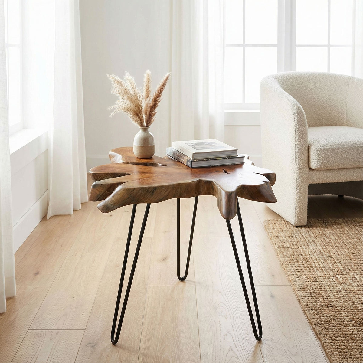 Bare Decor Evan Accent End Table with Natural Live Edge Solid Teak Root Top