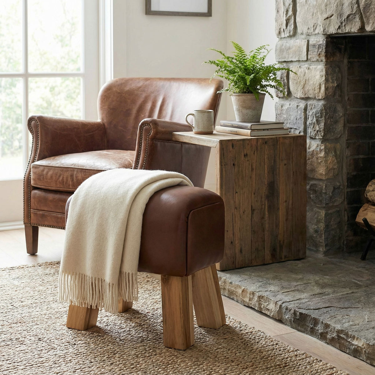 Bare Decor Gorgie Accent Stool in Brown Genuine Leather with Teak Legs